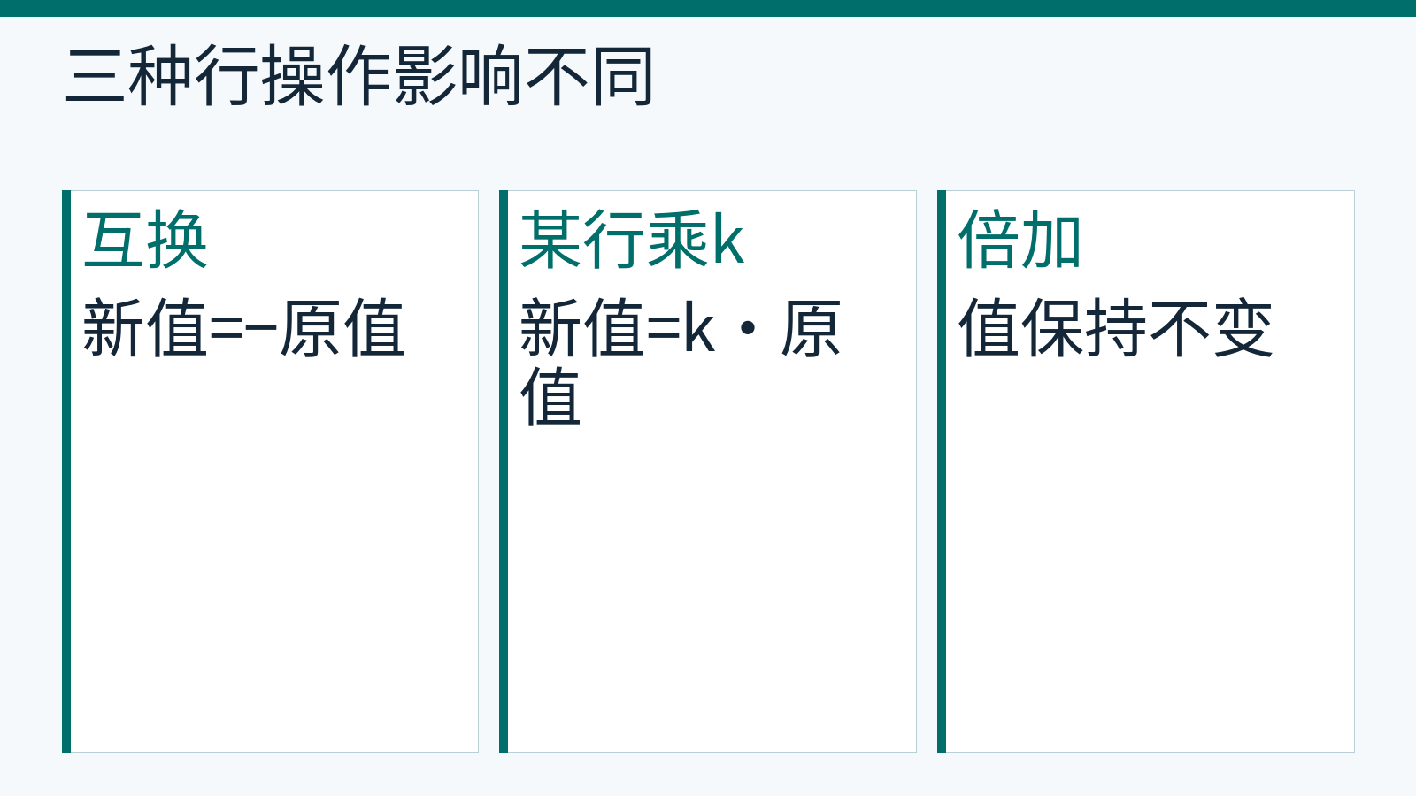 行列式的互换两行、某行乘k、将一行倍数加到另一行分别带来负号、k倍及值不变。